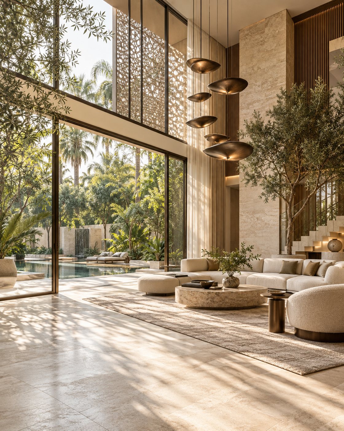 Double-height living room with a lattice screen and garden view