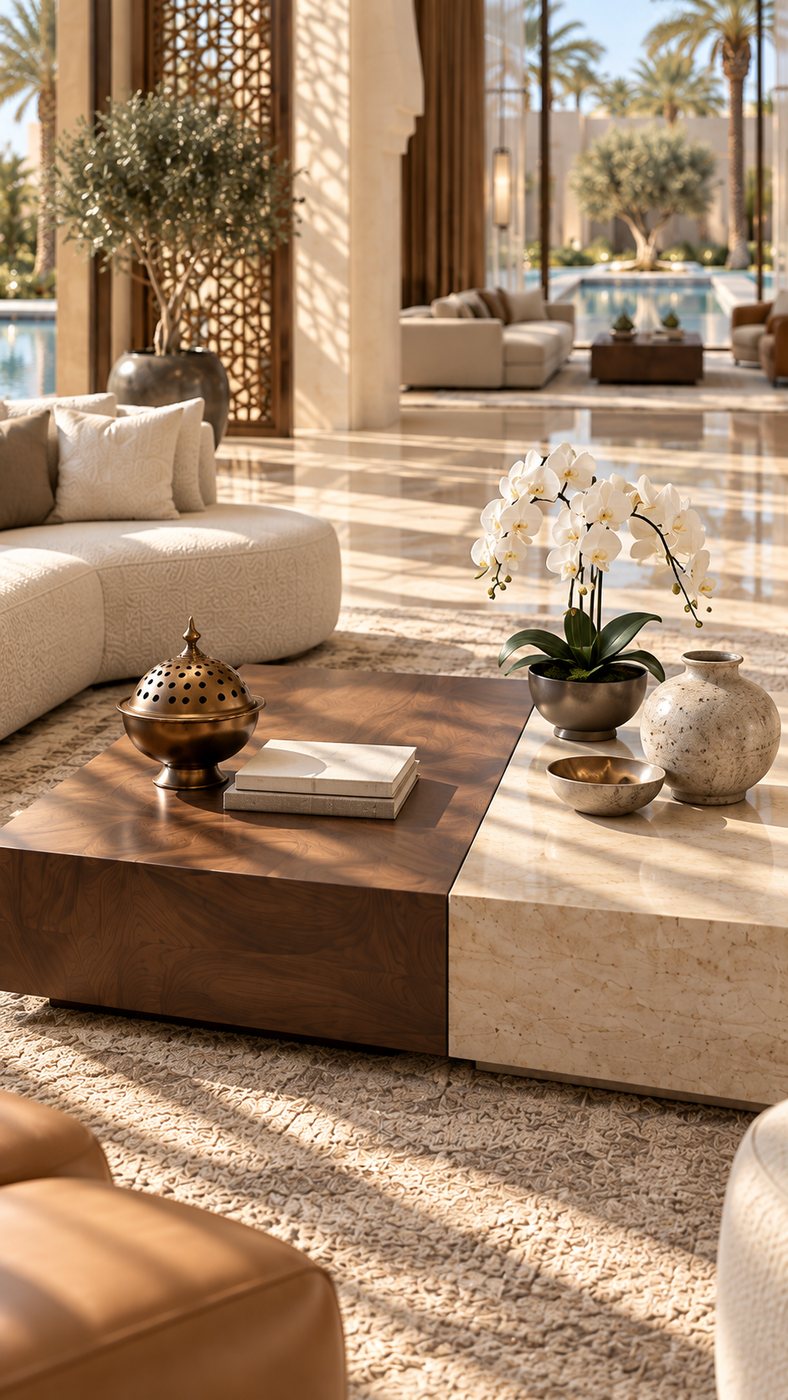 Walnut and travertine coffee table with orchids