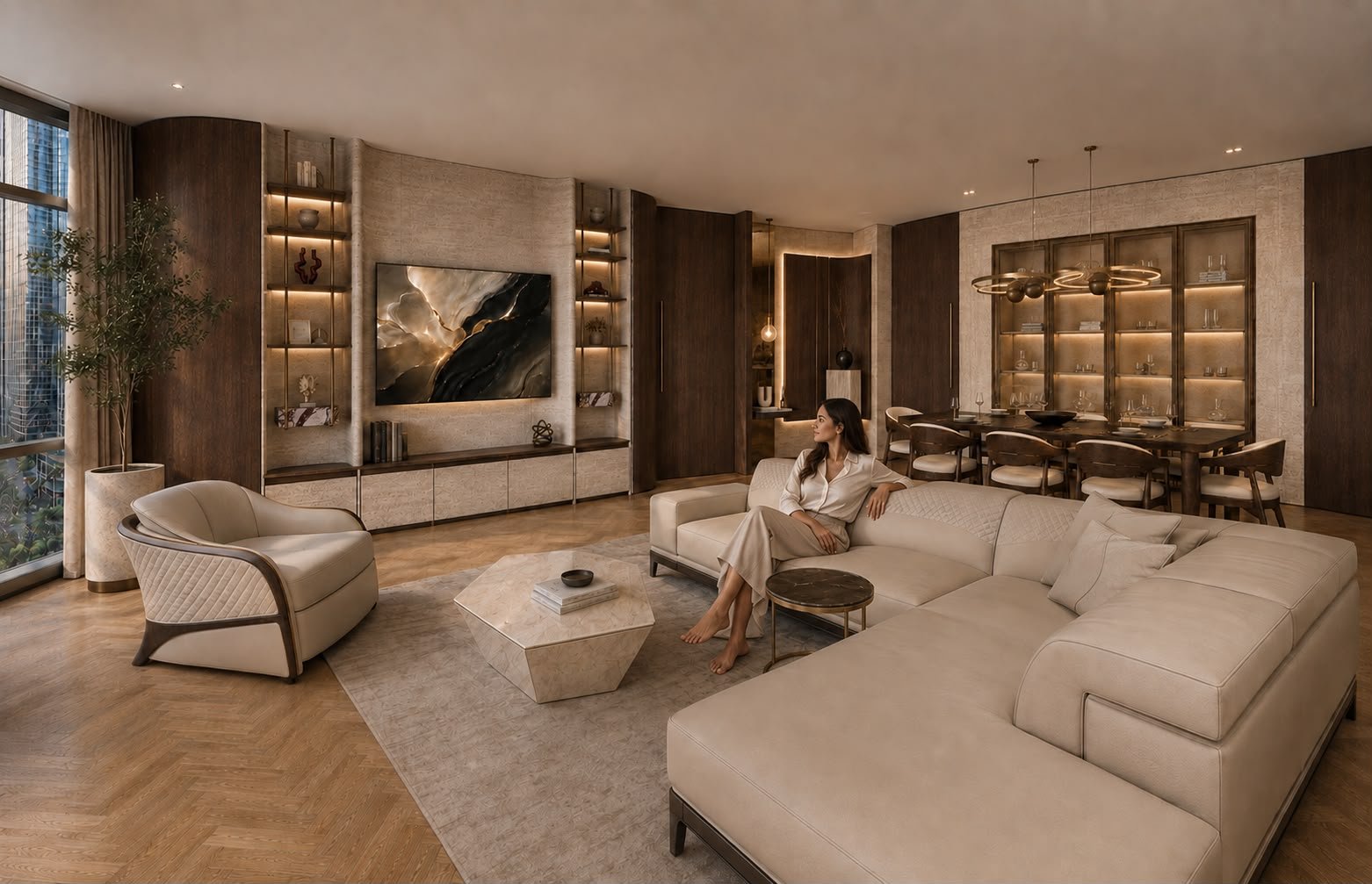 Living and dining room at Armani Residences with a Downtown Dubai view