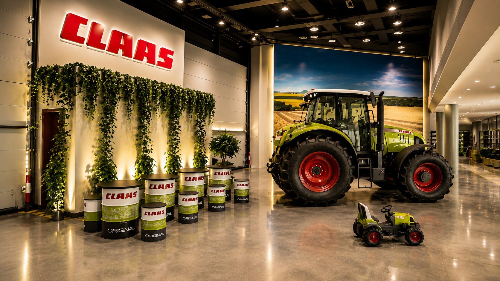 CLAAS machinery showroom with tractor display and green wall