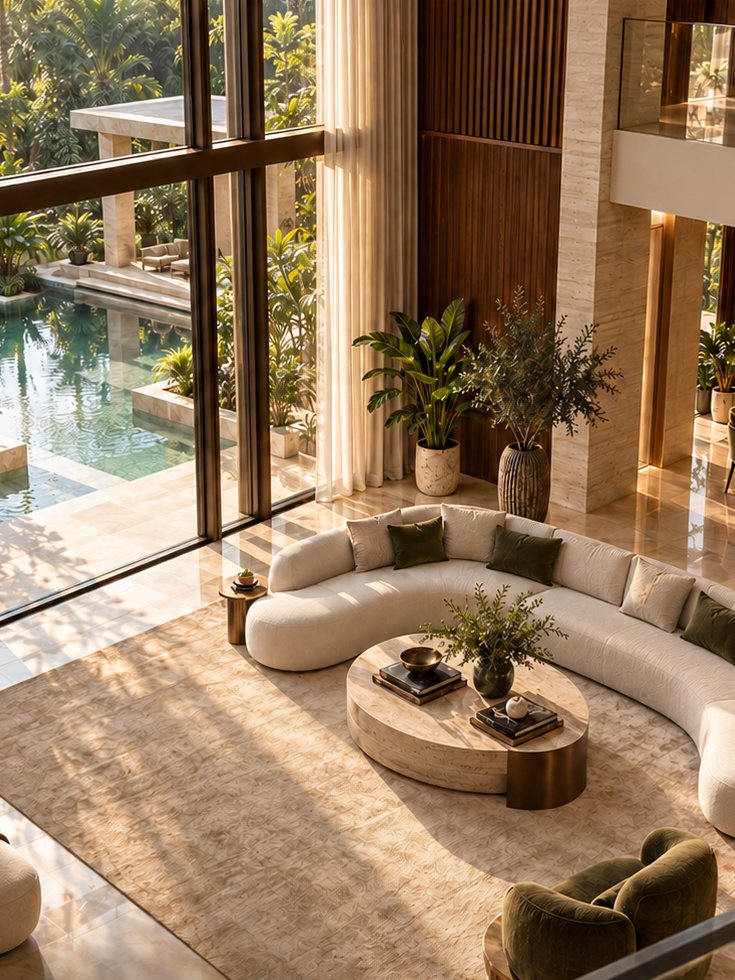 Double-height villa living room with lagoon view