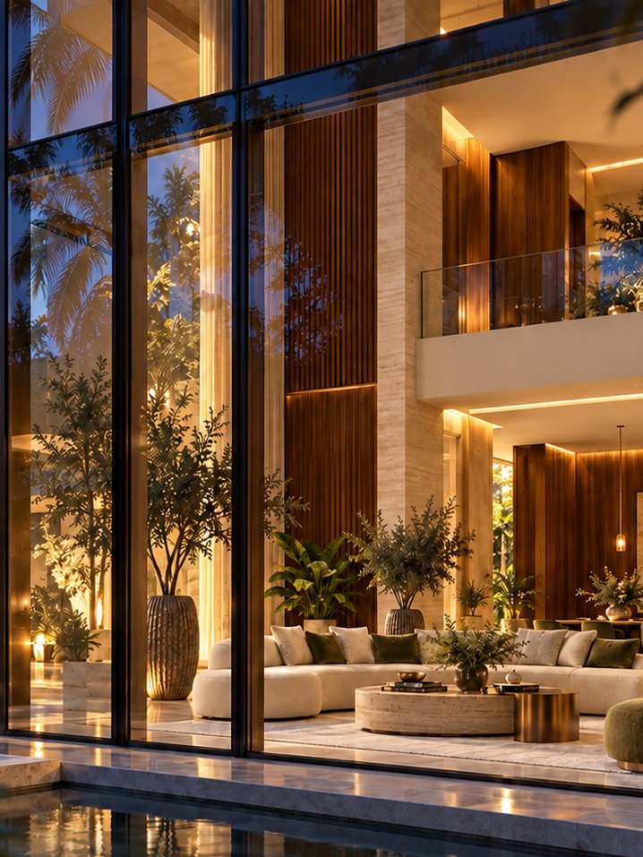 Villa glass facade glowing at dusk