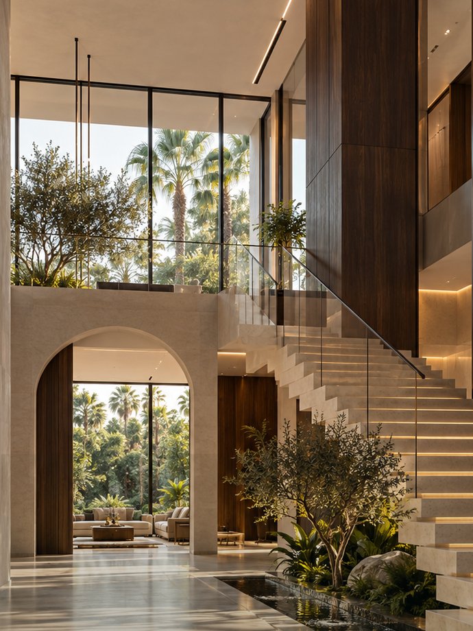 Double-height entrance hall with floating stair