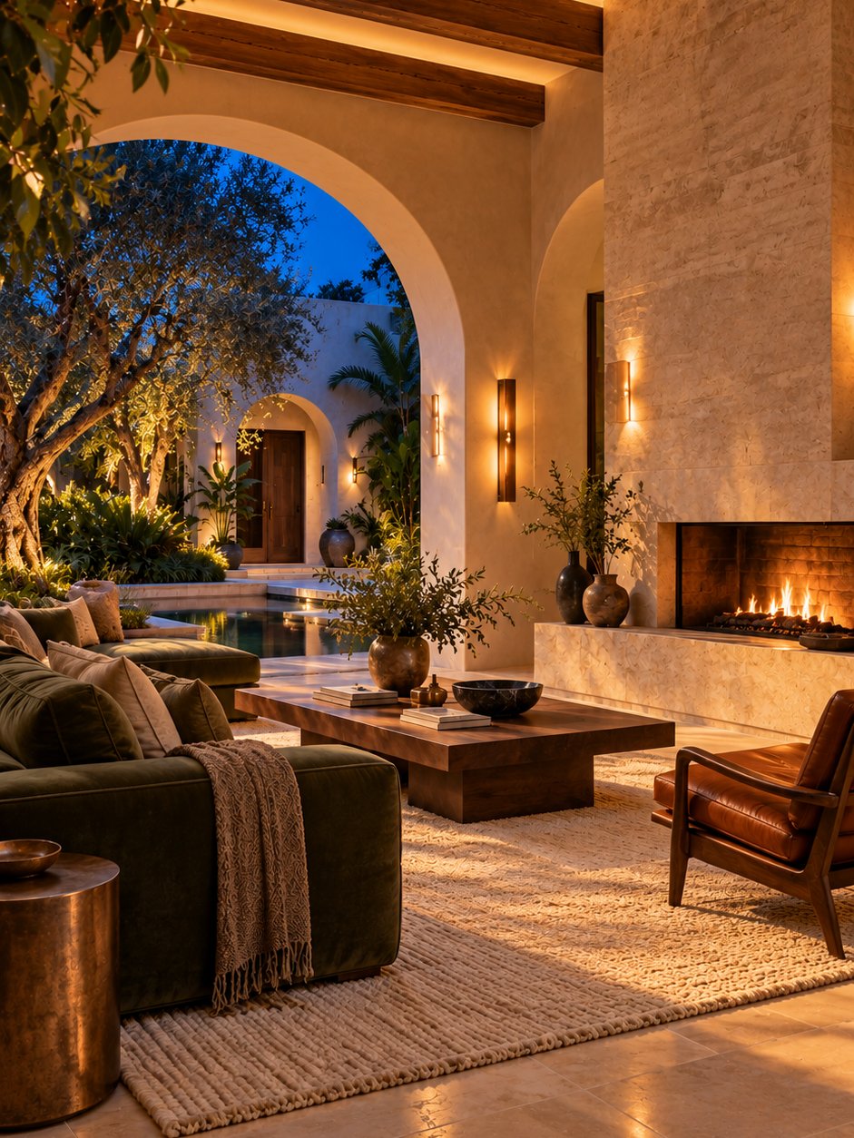 Covered villa terrace with fireplace and olive tree at dusk